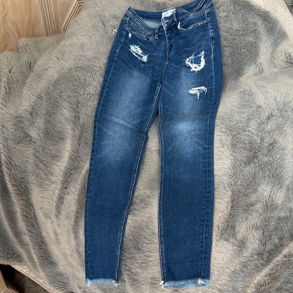 Trendy Distressed Skinny Jeans in Deep Blue